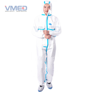 Bata de protección microporosa blanca desechable con tiras azules
